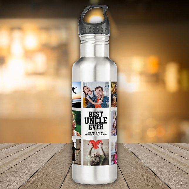 Modern BEST UNCLE EVER Photo Collage Cool Stainless Steel Water Bottle (Creator Uploaded)