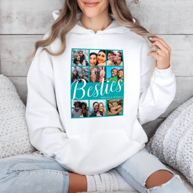 Modern Bestie Green & White 9 Photo Collage Hoodie (Creator Uploaded)
