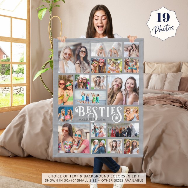 Modern BESTIES 19 Photo Collage Custom Colors Fleece Blanket (Creator Uploaded)