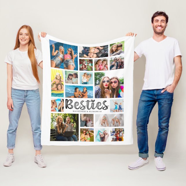 Modern BESTIES 19 Photo Collage White Gray Fleece Blanket (In Situ)