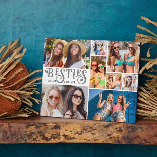 Modern BESTIES 8 Photo Collage Custom Colors Plaque (Side)