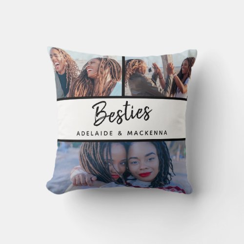 Modern Besties Best Friend Name BFF Photo Collage Throw Pillow