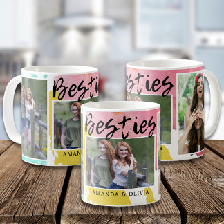 Modern Besties Best Friends Names 3 Photo Collage Coffee Mug