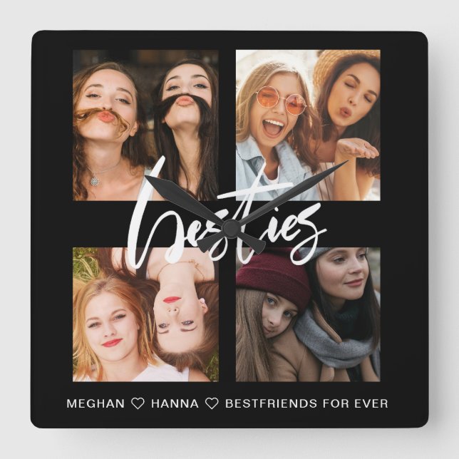 Modern Besties black photo collage best friends Square Wall Clock (Front)