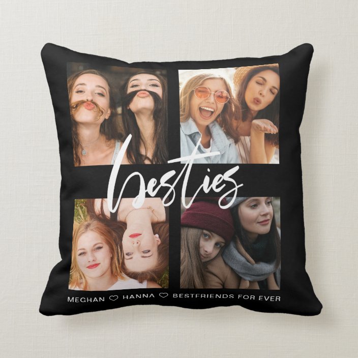 Modern Besties Black Photo Collage Best Friends Throw Pillow