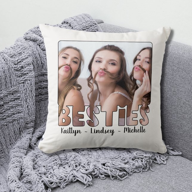 Modern BESTIES Friends Typography Photo Names Thro Throw Pillow (Creator Uploaded)