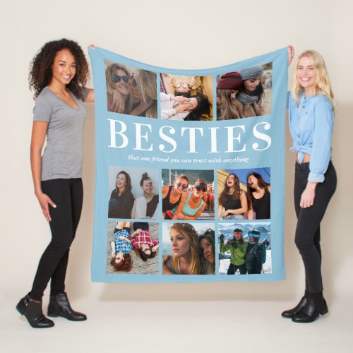 Modern Besties Gift | Best Friends Blue Fleece Blanket - Personalized friendship fleecy blanket featuring a dusty blue background that can be changed to any color, 9 photos of you and your bestie, and a cute best friends quote.