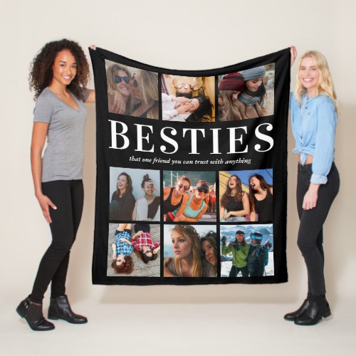 Modern Besties Gift | Best Friends Fleece Blanket - Personalized friendship fleecy blanket featuring a trendy black background that can be changed to any color, 9 photos of you and your bestie, and a cute best friends quote.