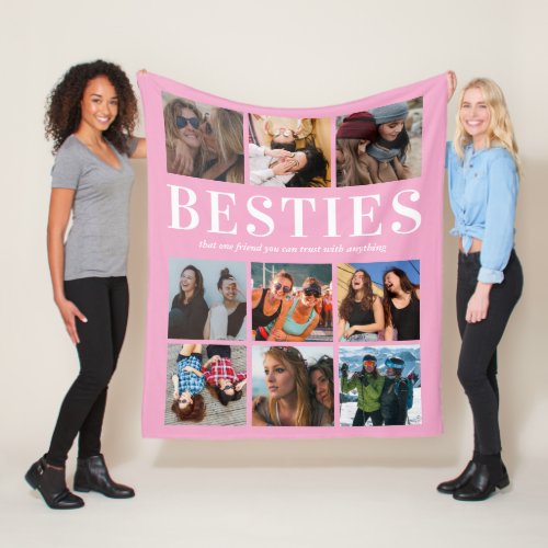 Modern Besties Gift | Best Friends Pink Fleece Blanket - Personalized friendship fleecy blanket featuring a girly pink background that can be changed to any color, 9 photos of you and your bestie, and a cute best friends quote.