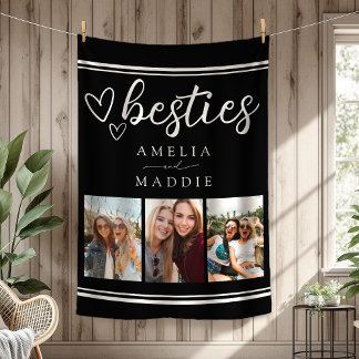 Modern Besties Photo Collage Black and White Fleece Blanket