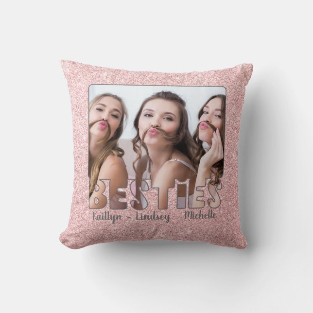 Modern BESTIES Rose Gold Glitter Photo Word Throw Pillow (Front)