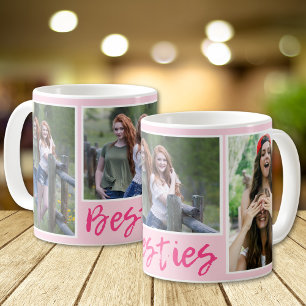 Modern Besties Typography 3 Photo Collage Pink Coffee Mug