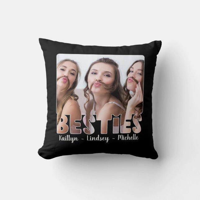 Modern BESTIES Typography Photo Names Throw Pillow (Front)