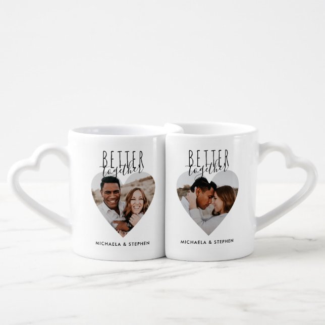 Modern Better Together Heart Photo & Names Couple Coffee Mug Set (Front Nesting)