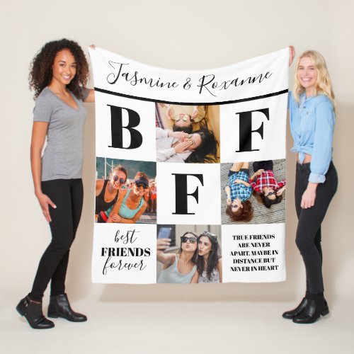 Modern BFF Besties Photo Collage Fleece Blanket - Modern friendship blanket featuring 4 photos of you and your bestie, a simple white background that can be changed to any color, the letters "BFF", the words "best friends forever", a true friends quote, and your names.