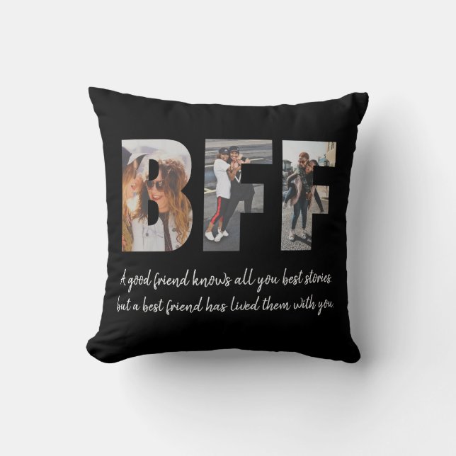Modern BFF Photo Best Friend Besties Quote Black Throw Pillow (Front)