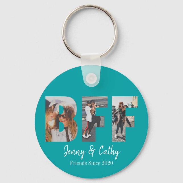 Modern BFF Photo Best Friend Names Teal Green Keychain (Front)