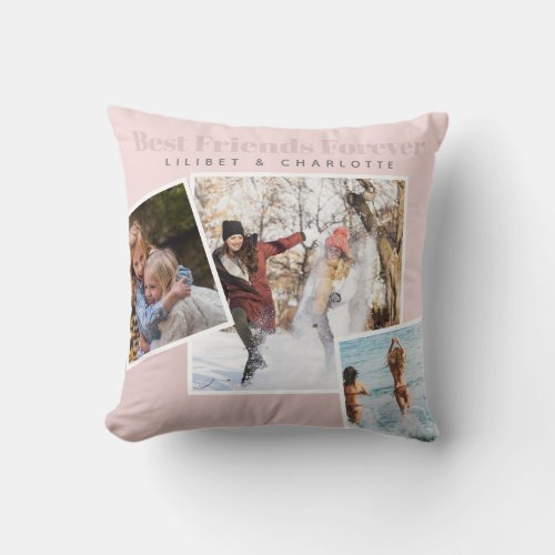Modern BFF Photo Collage Blush Pink Personalized Throw Pillow