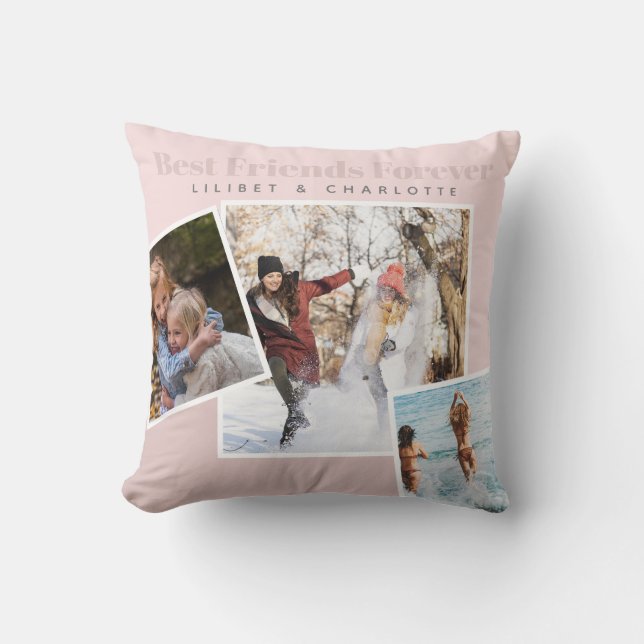 Modern BFF Photo Collage Blush Pink Personalized Throw Pillow (Front)