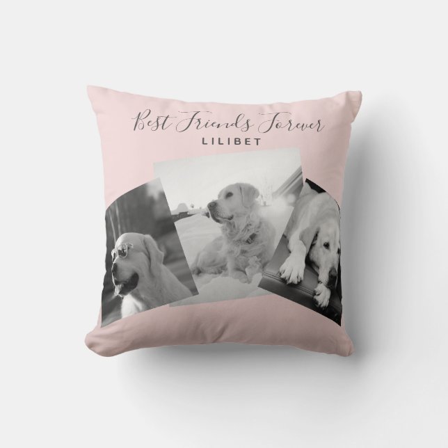 Modern BFF Photo Collage Blush Pink Personalized Throw Pillow (Front)