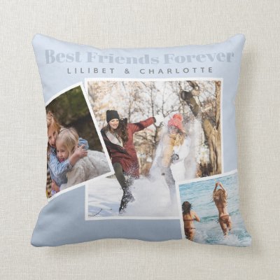 Modern BFF PHOTO COLLAGE Gift Personalized BLUE Throw Pillow