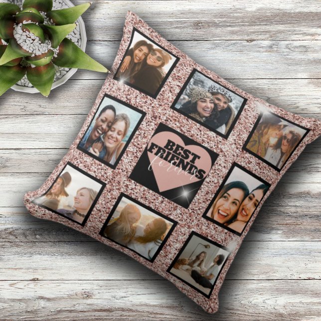 Modern BFF Photo Collage Rose Gold Glitter Heart Throw Pillow (Creator Uploaded)