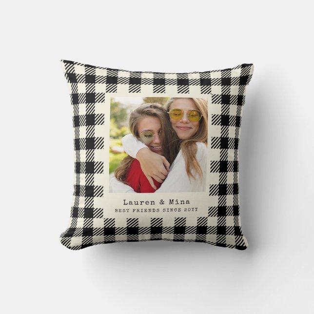 Modern BFF Photo Plaid Friendship Best Friend Throw Pillow (Front)