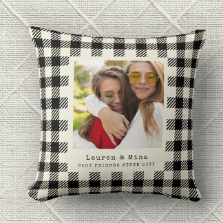 Modern BFF Photo Plaid Friendship Best Friend Throw Pillow