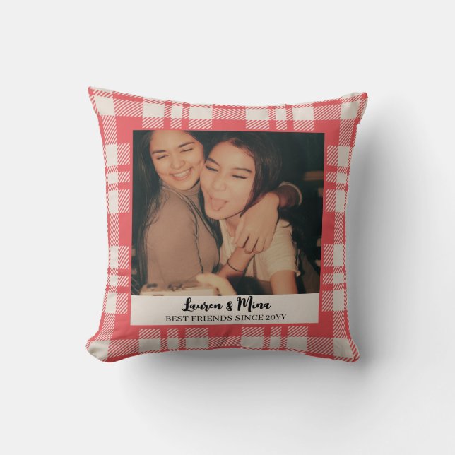 Modern BFF Photo Plaid Friendship Best Friend Throw Pillow (Front)