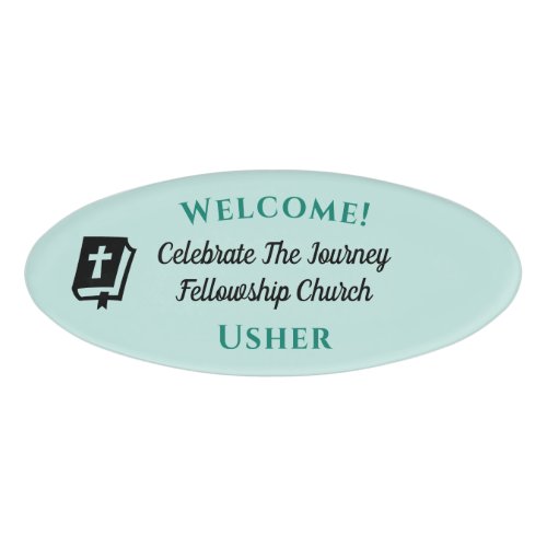 Modern Bible Christian Church Usher Welcome Blue Name Tag