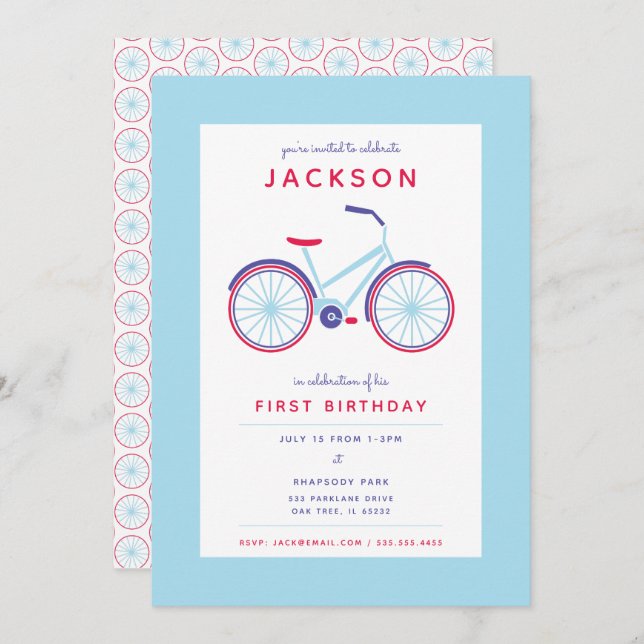 Modern Bicycle Blue and Red Birthday Invitation (Front/Back)