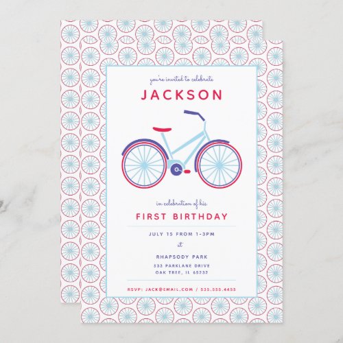 Modern Bicycle in Blue and Red Birthday Invitation