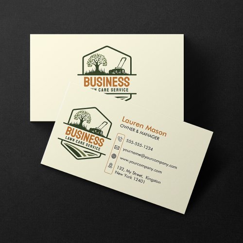 Modern Biege Green Brown Lawn Care Mow Landscaping Business Card