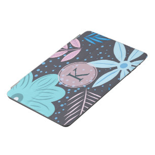 Modern Big Blue Flower Pattern Pink Monogram iPad Mini Cover