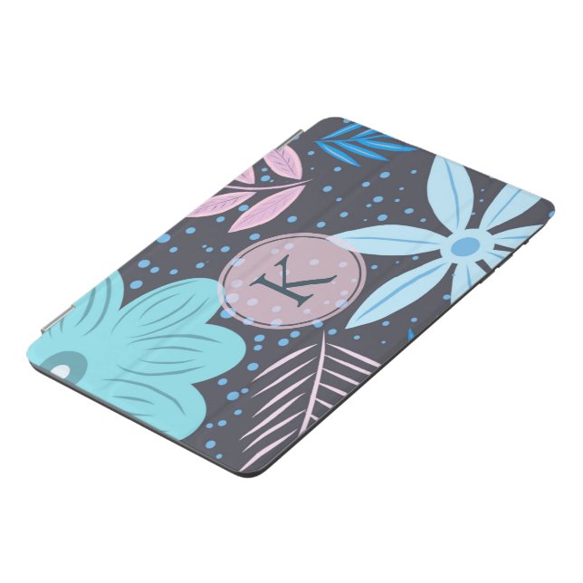 Modern Big Blue Flower Pattern Pink Monogram iPad Mini Cover (Side)