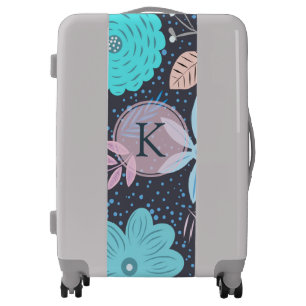 Modern Big Blue Flower Pattern Pink Monogram Luggage