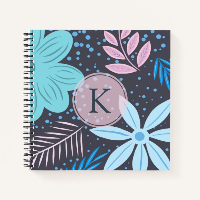 Modern Big Blue Flower Pattern Pink Monogram Notebook (Front)