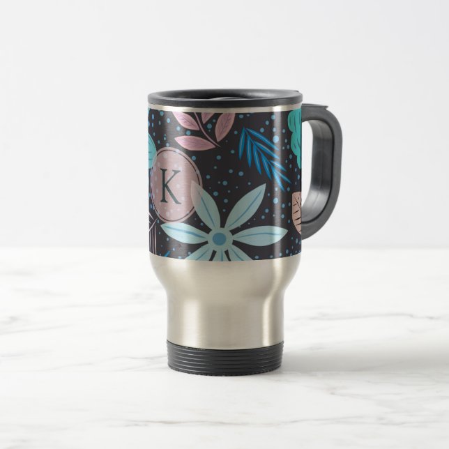 Modern Big Blue Flower Pattern Pink Monogram Travel Mug (Front Right)