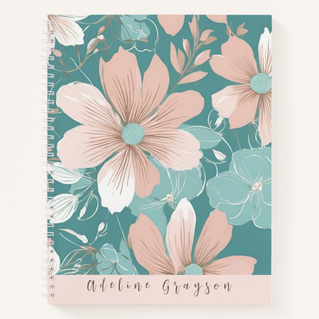 Modern Big Blush Floral with Teal Hardcover Notebook (Front)