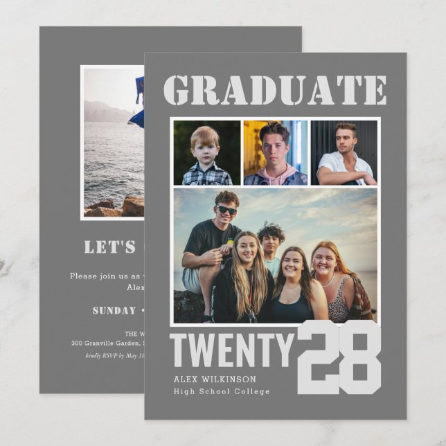 Modern Big Bold Script Trendy 5 Photo Graduation Invitation (Front/Back)