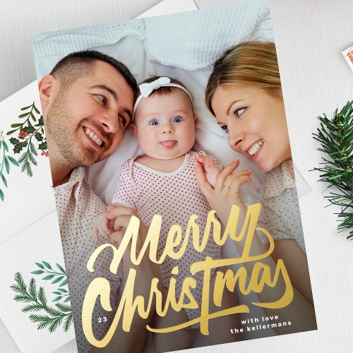 modern BIG GOLD SCRIPT Merry Christmas Foil Holiday Card