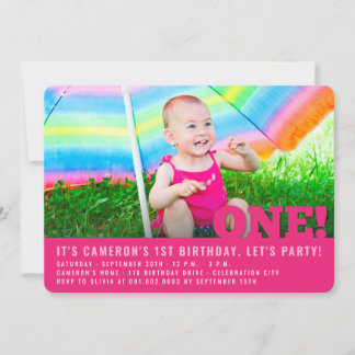 Modern Big ONE Baby Girl First Birthday Party Invitation