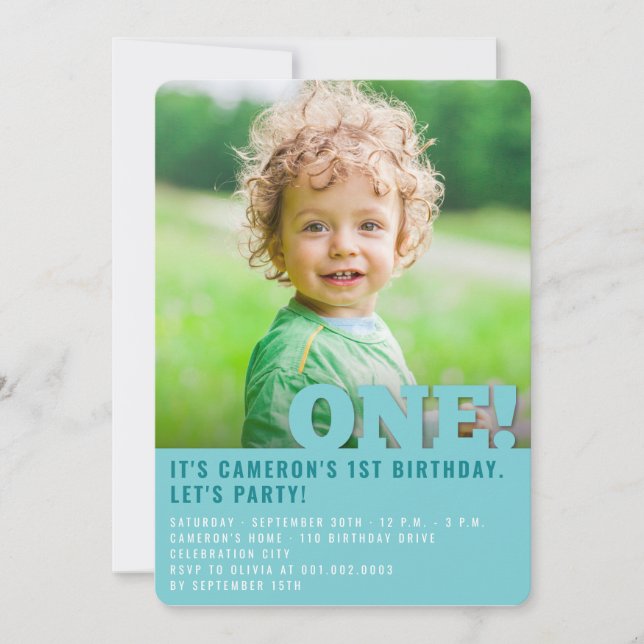 Modern Big ONE Fun Baby Boy Photo First Birthday Invitation (Front)