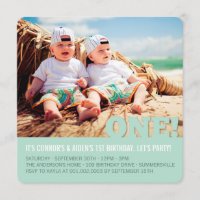 Modern Big ONE Fun Baby Twins Photo First Birthday Invitation