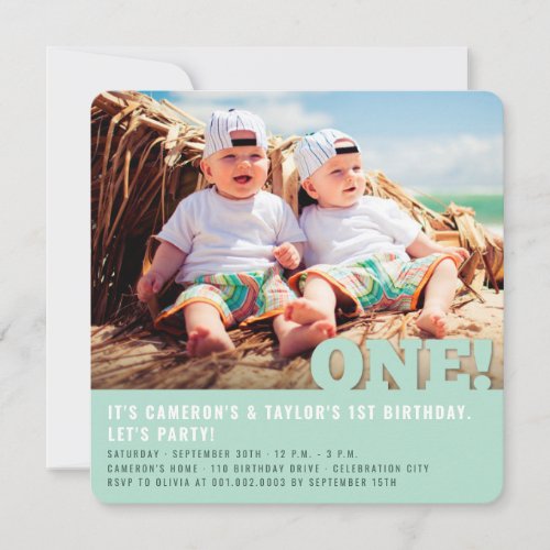 Modern Big ONE Fun Baby Twins Photo First Birthday Invitation