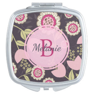 Modern Big Pink Floral Tulip Pattern Monogram Compact Mirror