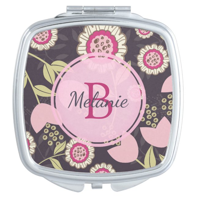 Modern Big Pink Floral Tulip Pattern Monogram Compact Mirror (Front)