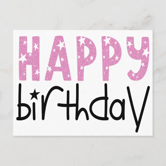 Modern Big Typography Pink Glitter Happy Birthday Postcard | Zazzle