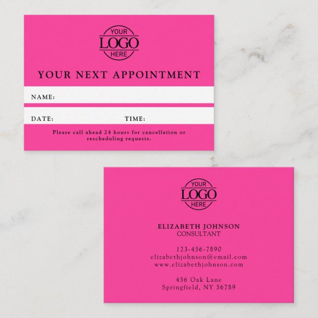 Modern Bight Pink Professional Simple Reminder Appointment Card (Front/Back)