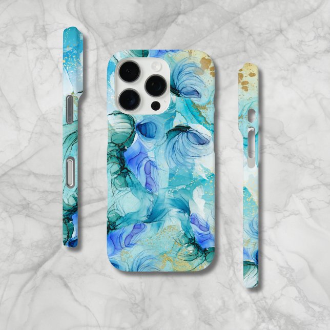 Modern Billowy Swirls Blue Gold iPhone Case (Wispy shades of blue, teal & a little gold. Case-Mate iPhone case, available for all device models.)